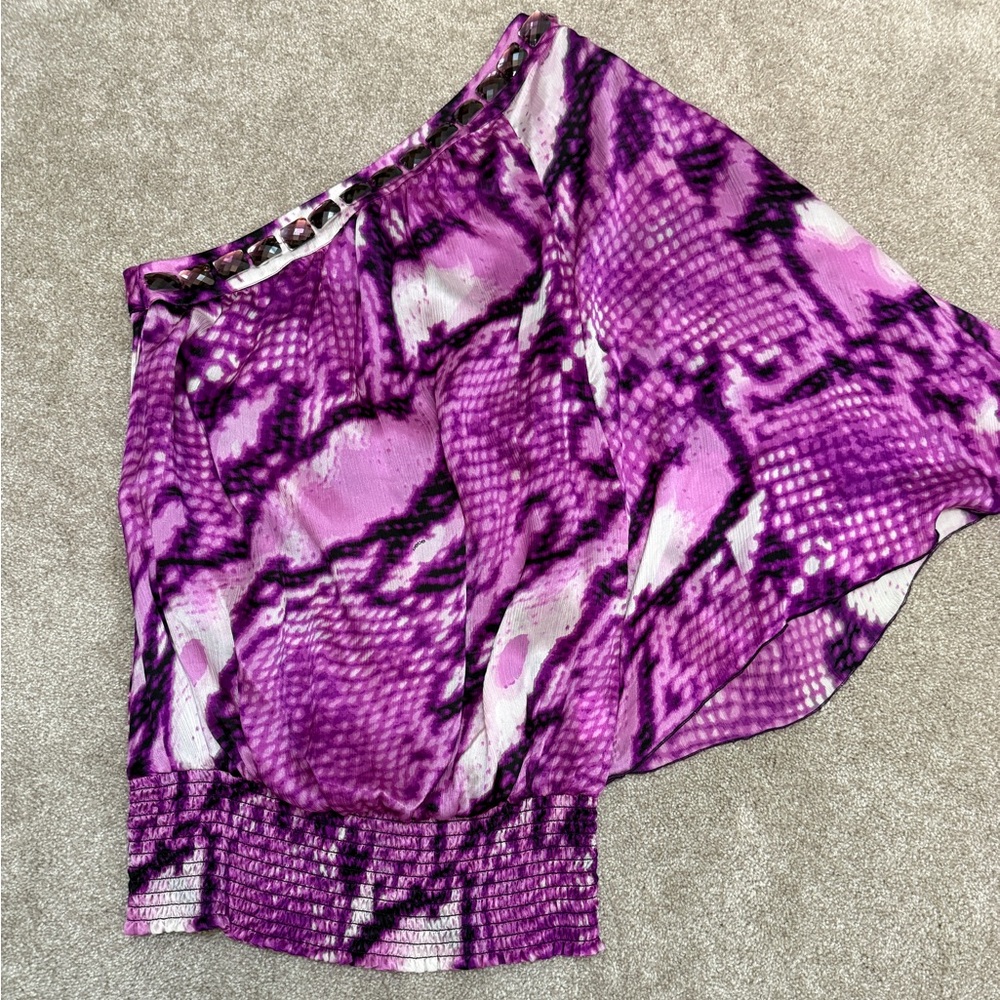 Bebe Vibrant Purple Patterned Snake Print One Shoulder Top - Silk - size Small